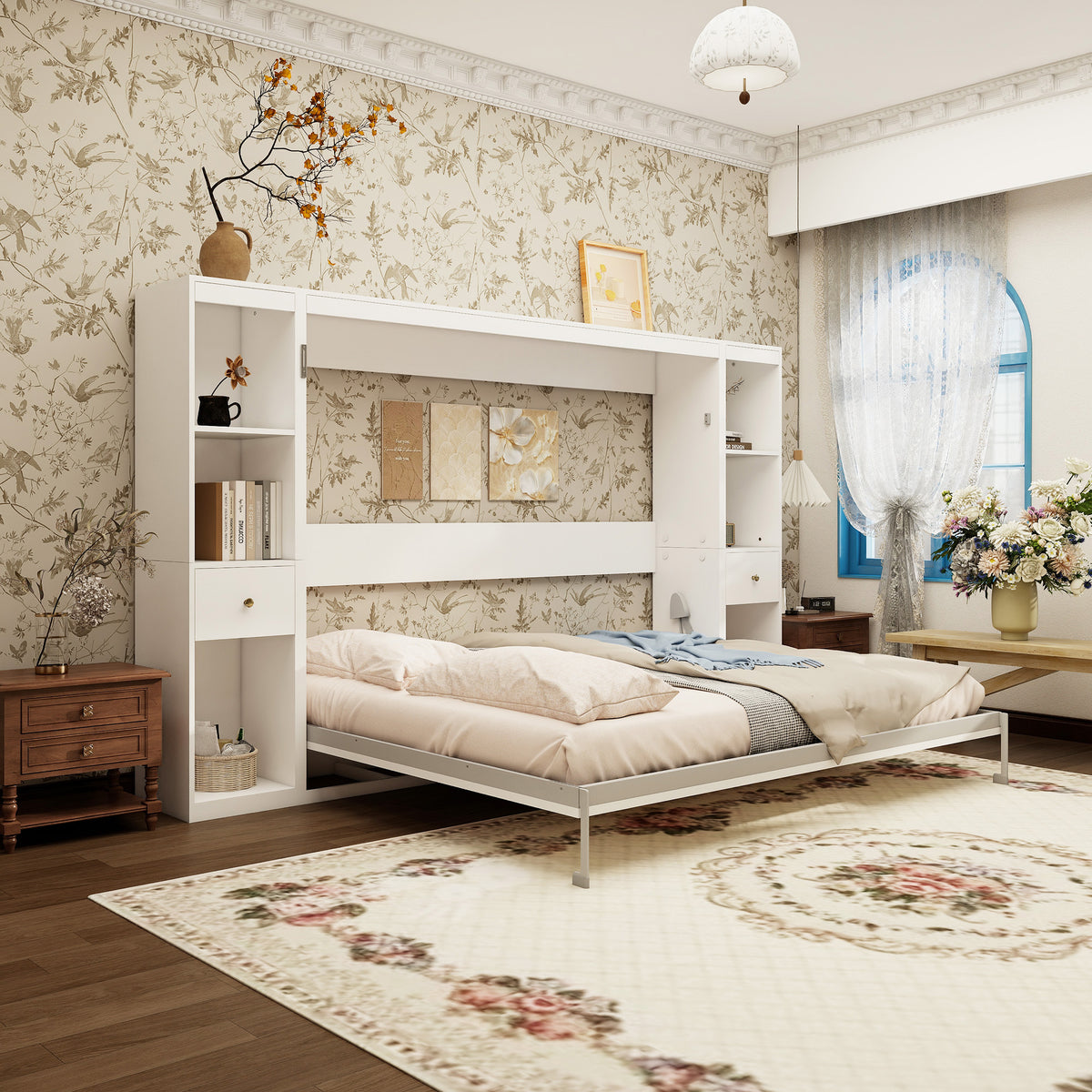 Queen Horizontal Murphy Bed with Storage Cabinets – White