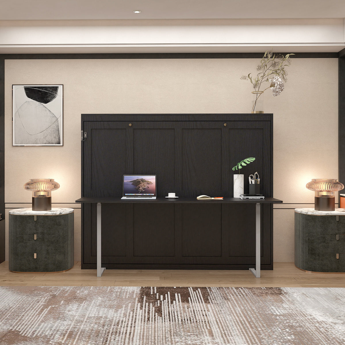 Queen Horizontal Murphy Bed with Desk – Black