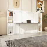 Queen Horizontal Murphy Bed with Desk & Storage – White