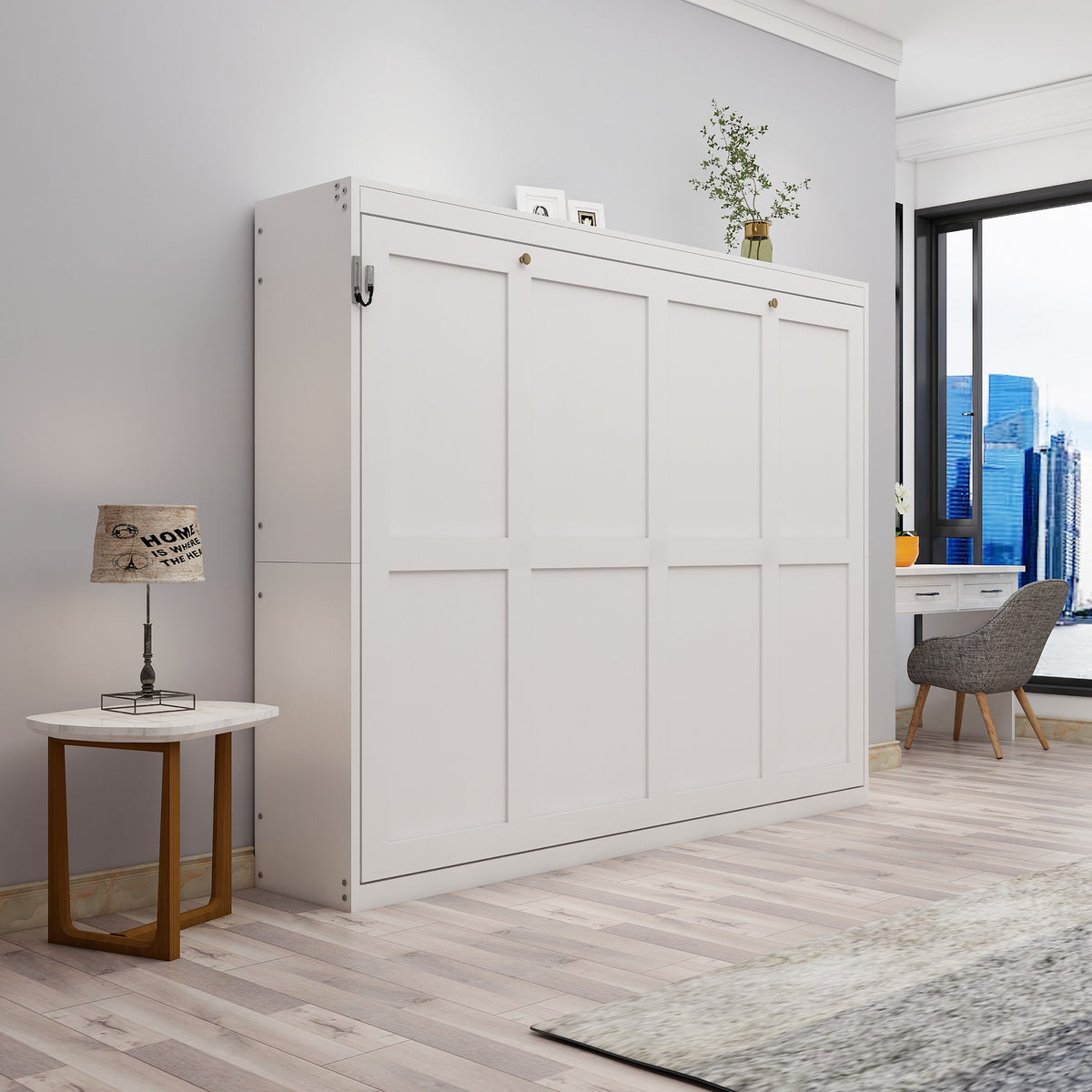 Queen Horizontal Murphy Bed with Folding Cabinet – White