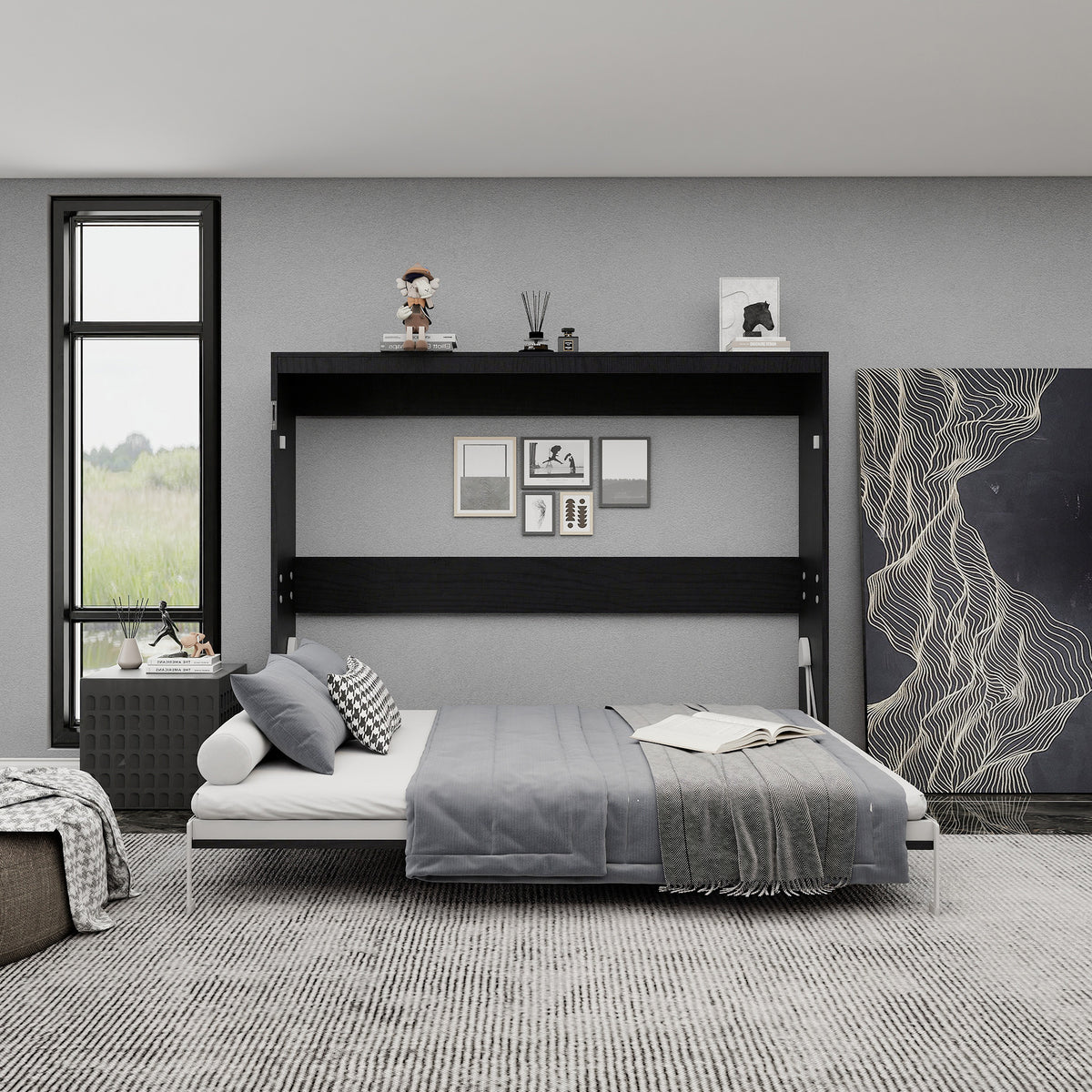 Queen Horizontal Murphy Bed with Folding Cabinet – Black