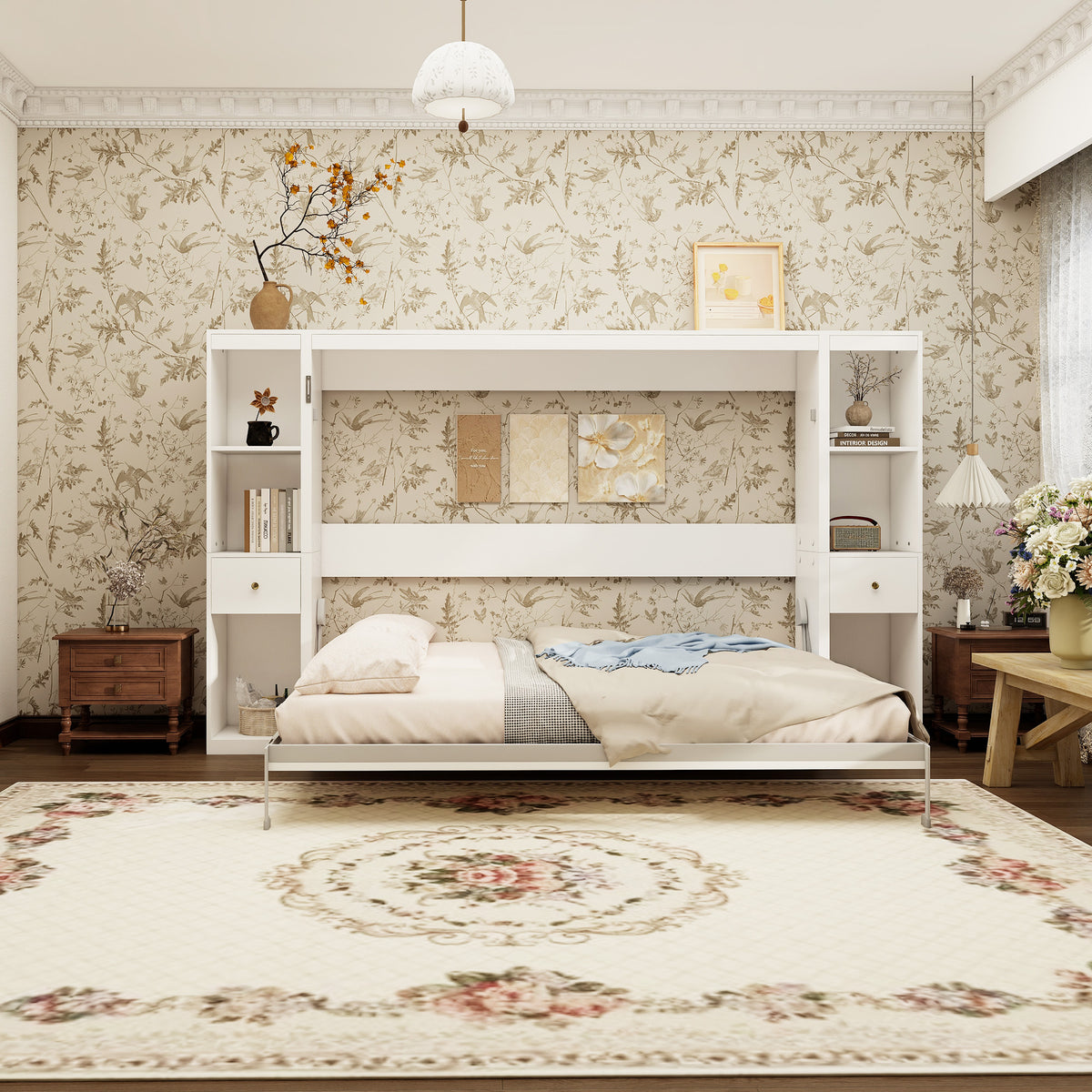 Queen Horizontal Murphy Bed with Storage Cabinets – White