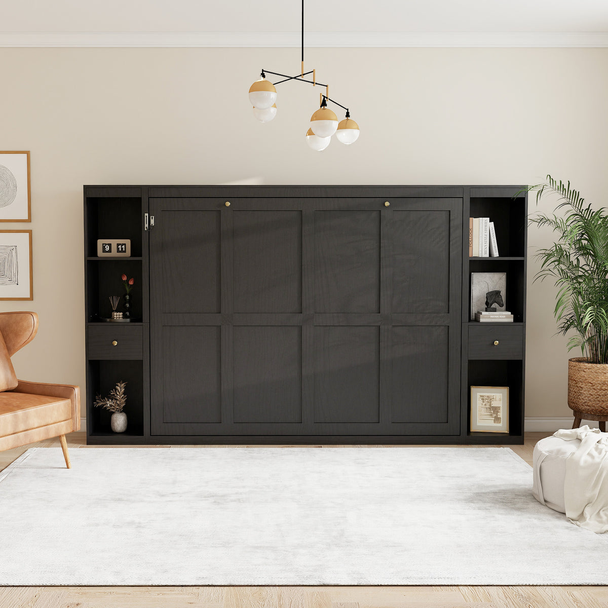 Queen Horizontal Murphy Bed with Storage Cabinets – Black