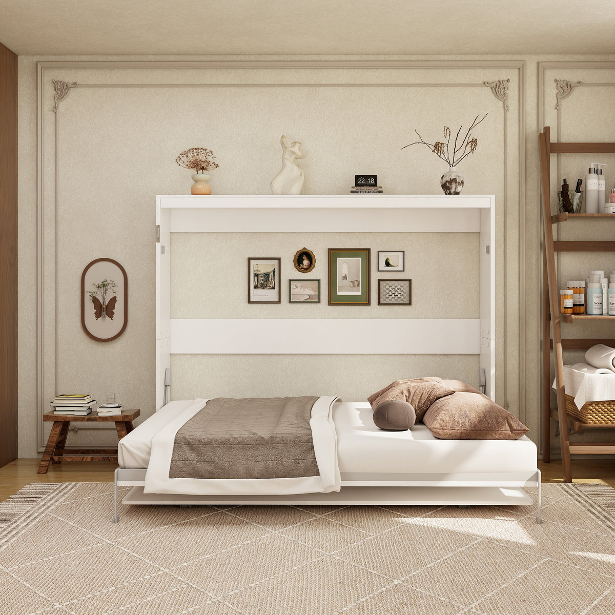 Queen Horizontal Murphy Bed with Desk – White