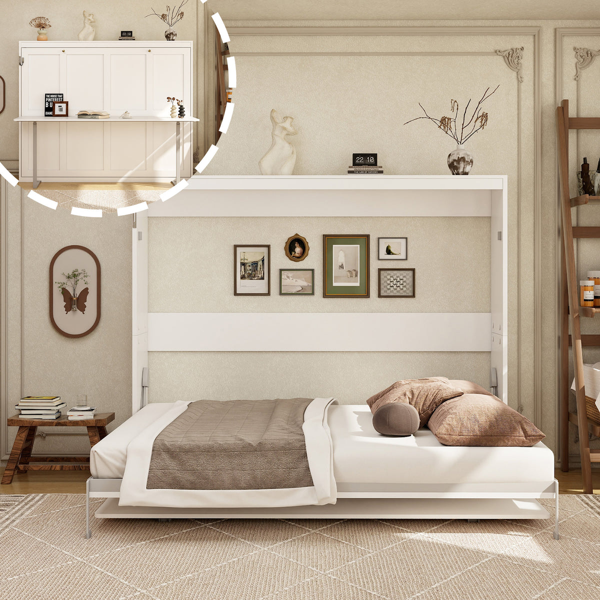 Queen Horizontal Murphy Bed with Desk – White