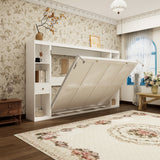 Queen Horizontal Murphy Bed with Storage Cabinets – White