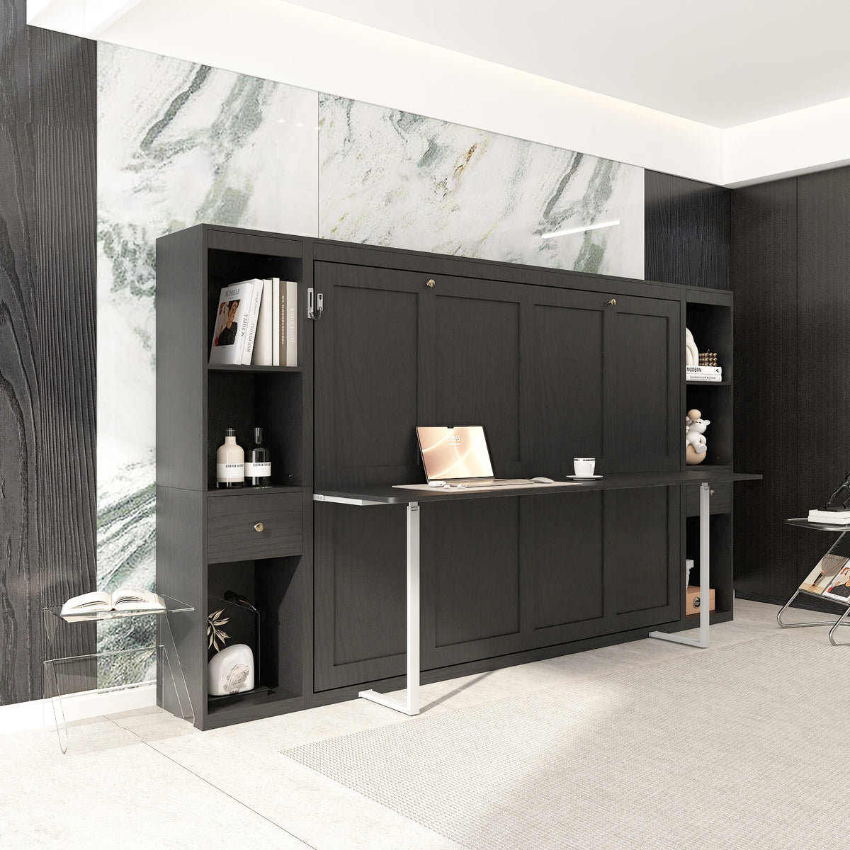Queen Horizontal Murphy Bed with Desk & Storage – Black