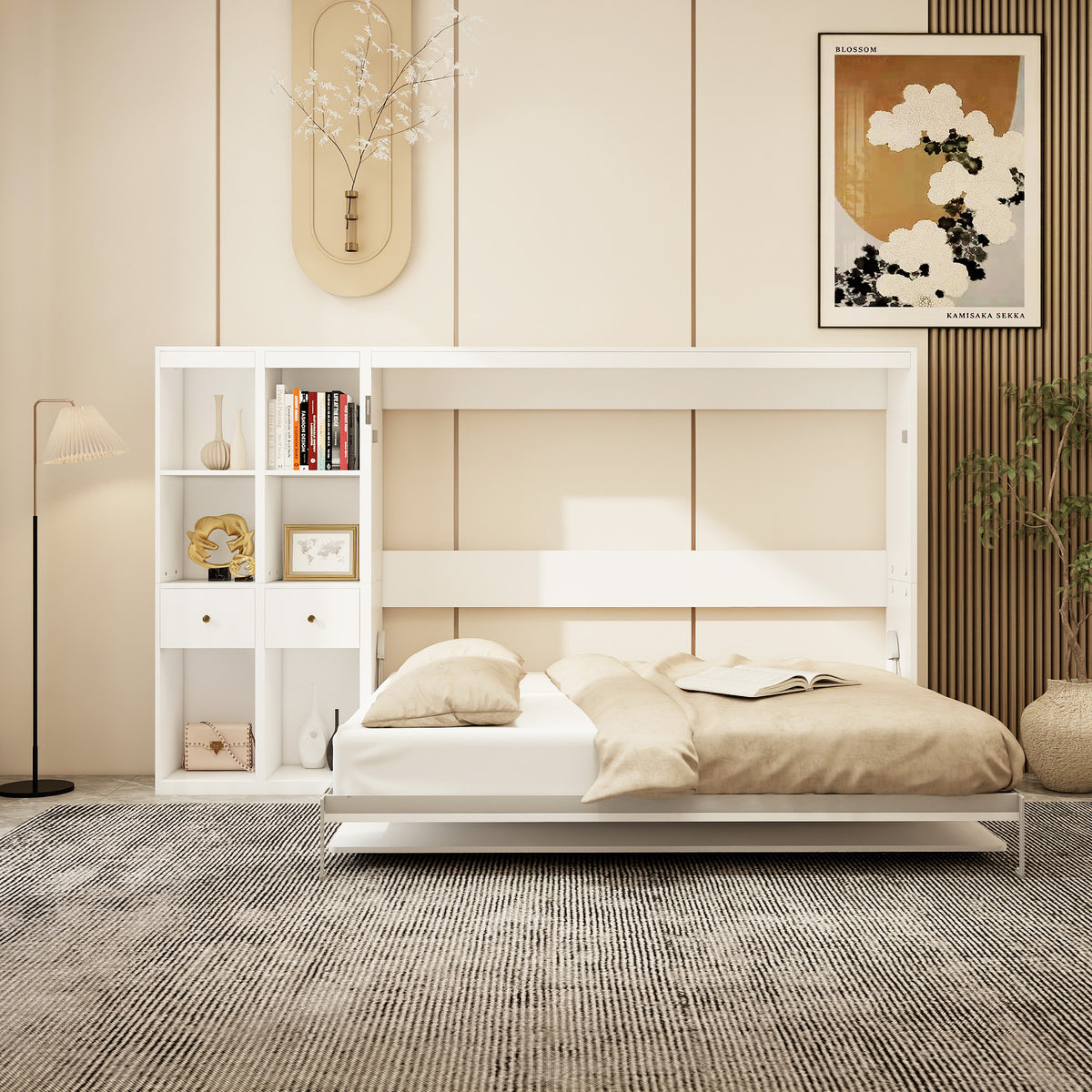 Queen Horizontal Murphy Bed with Desk & Storage – White