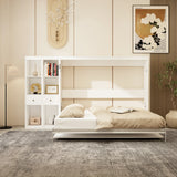 Queen Horizontal Murphy Bed with Desk & Storage – White
