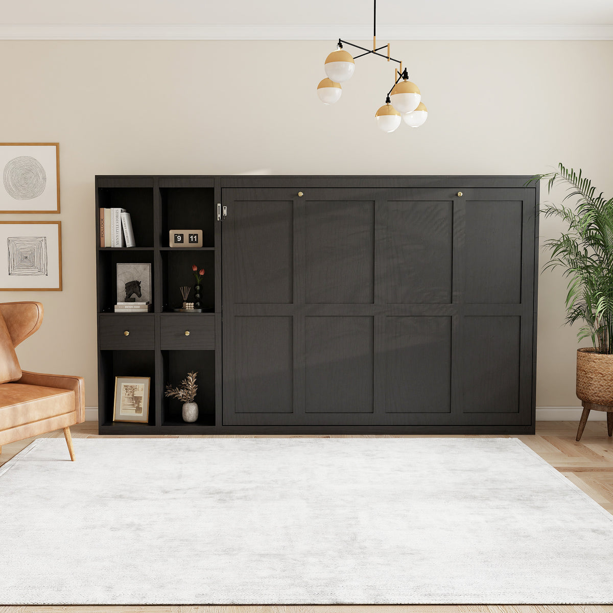 Queen Horizontal Murphy Bed with Storage Cabinets – Black