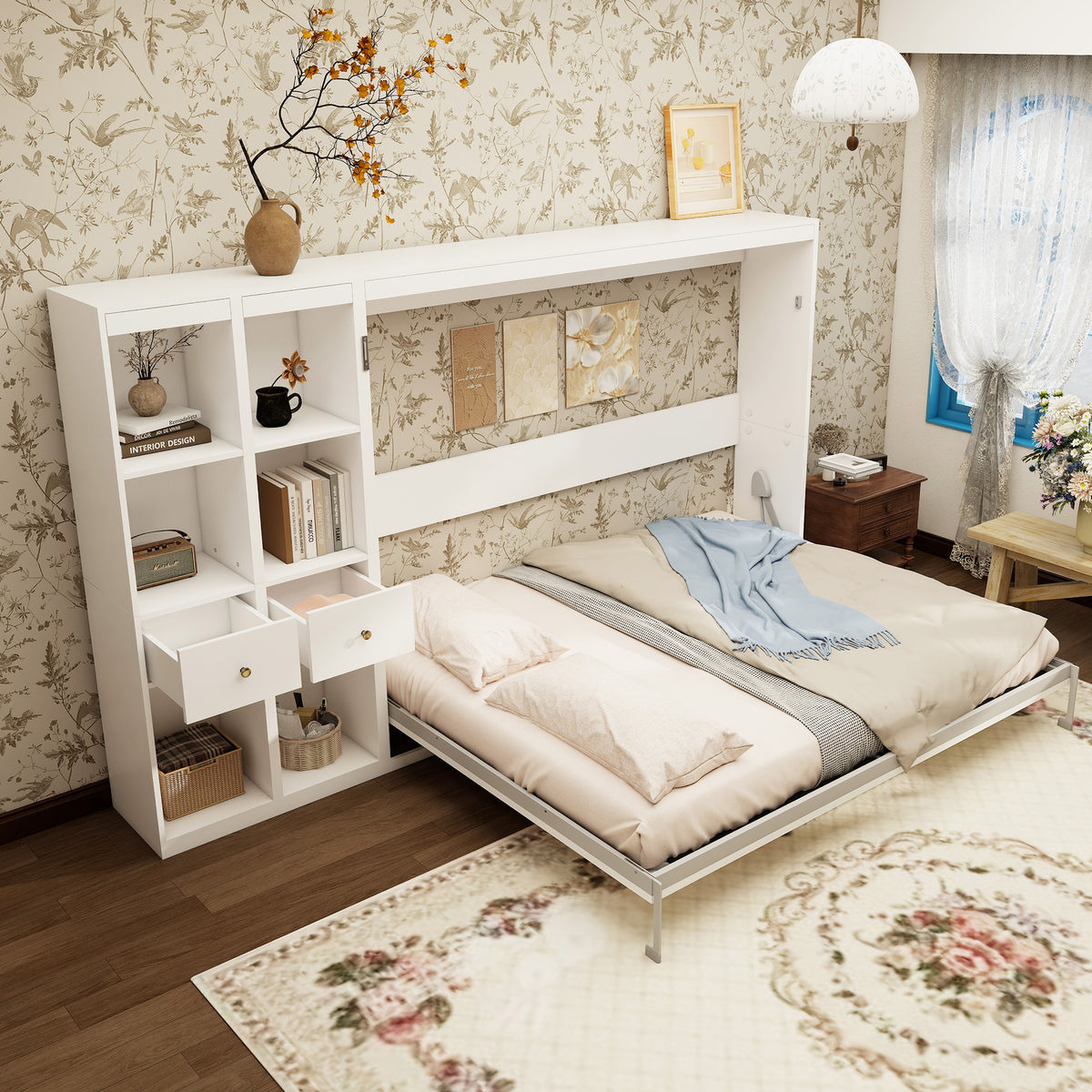 Queen Horizontal Murphy Bed with Storage Cabinets – White