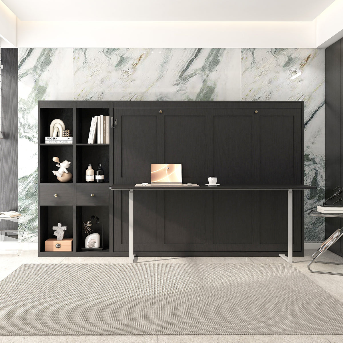 Queen Horizontal Murphy Bed with Desk & Storage – Black