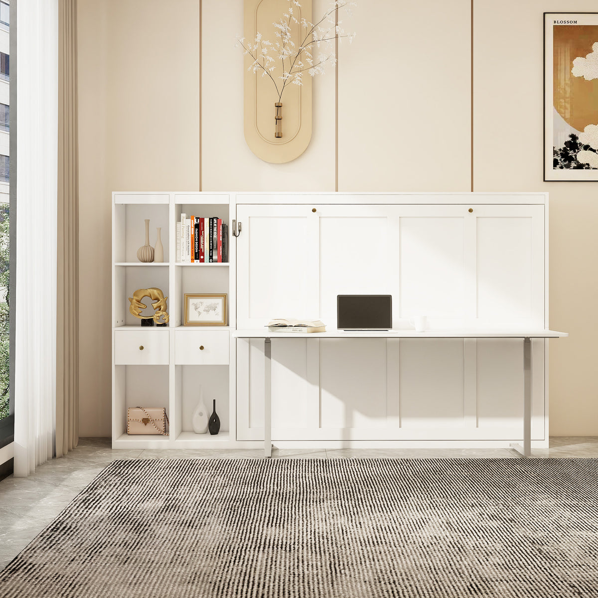 Queen Horizontal Murphy Bed with Desk & Storage – White