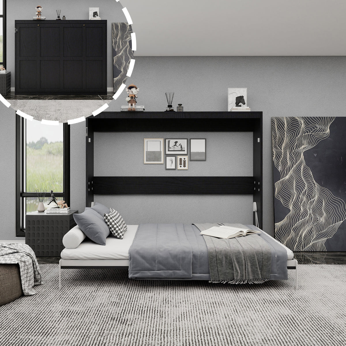 Queen Horizontal Murphy Bed with Folding Cabinet – Black
