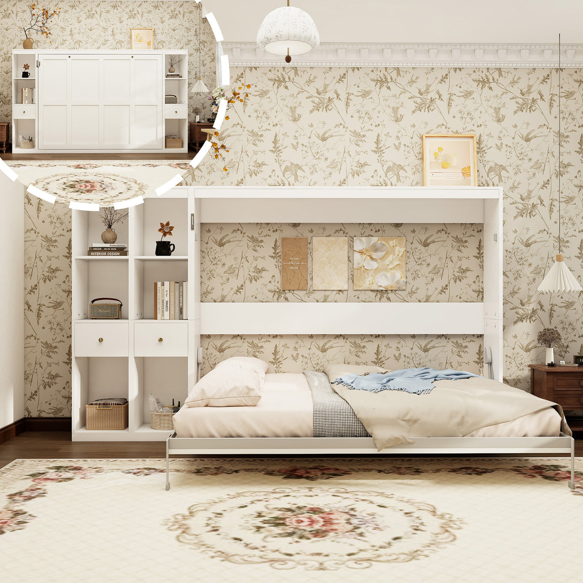 Queen Horizontal Murphy Bed with Storage Cabinets – White