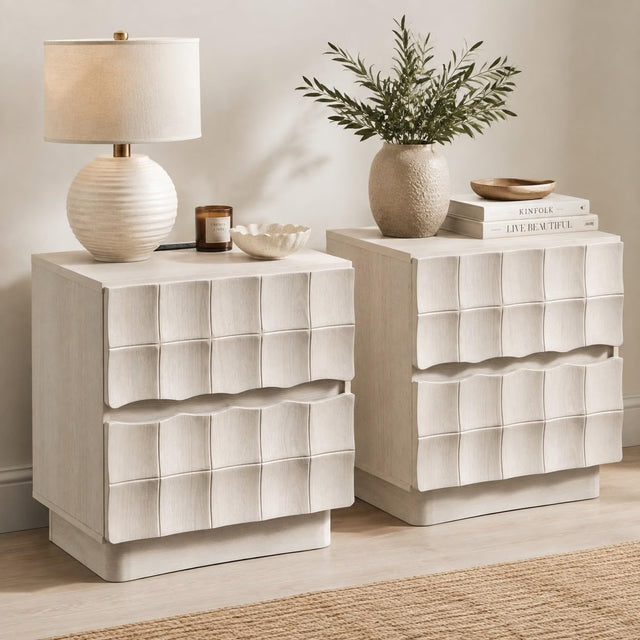 Sculpted 3D Grid Nightstand with Charging Station, 2 Drawers | Yechen