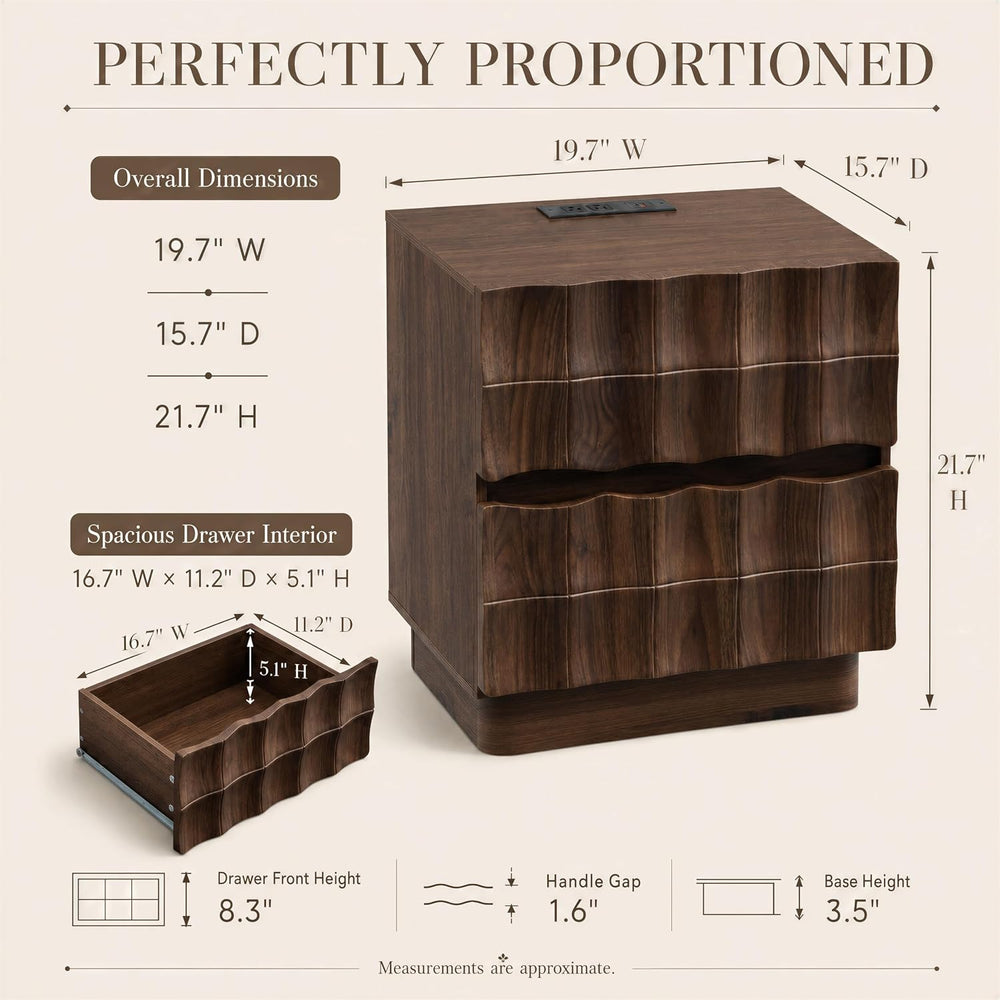 Sculpted 3D Grid Nightstand with Charging Station, 2 Drawers | Yechen 11