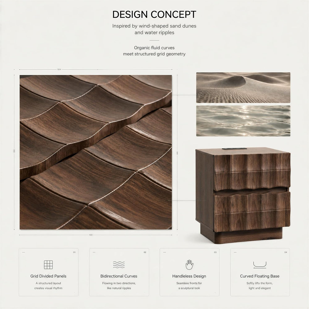 Sculpted 3D Grid Nightstand with Charging Station, 2 Drawers | Yechen 12