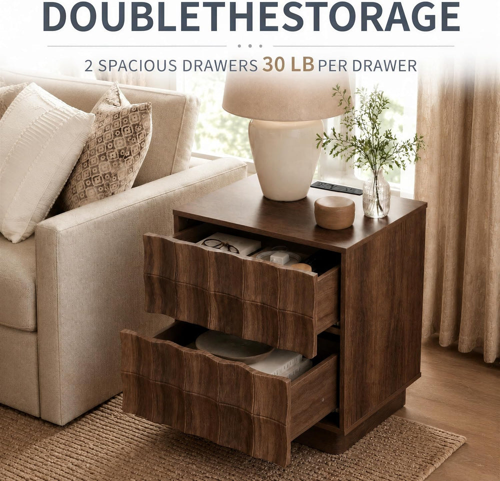 Sculpted 3D Grid Nightstand with Charging Station, 2 Drawers | Yechen 14