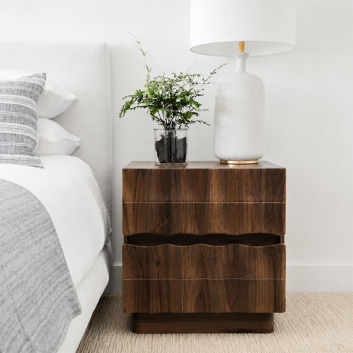 Sculpted 3D Grid Nightstand with Charging Station, 2 Drawers | Yechen 17