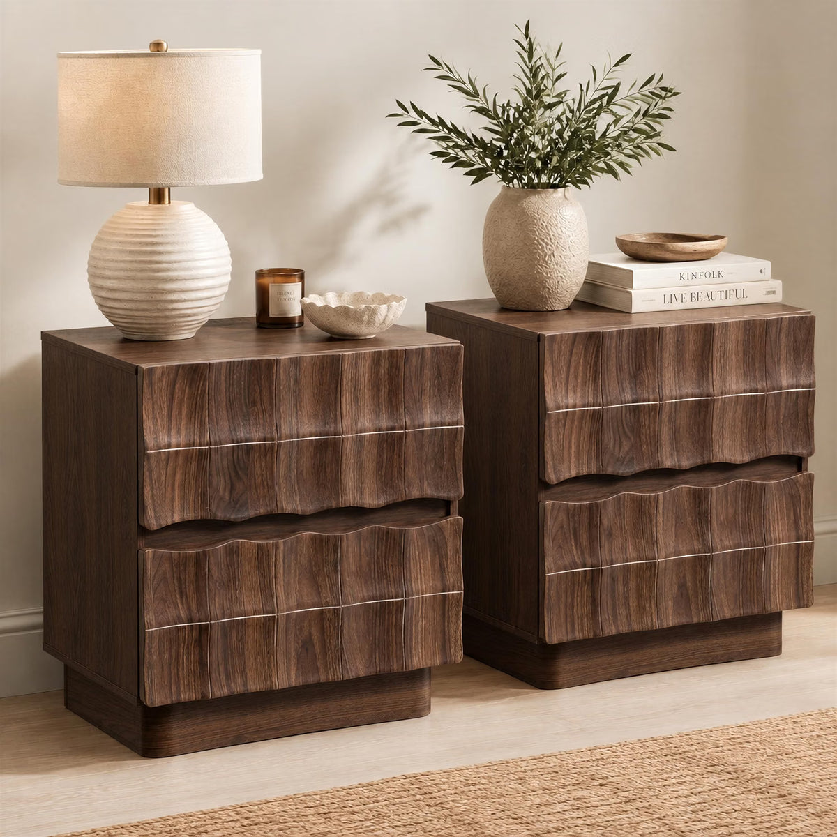 Sculpted 3D Grid Nightstand with Charging Station, 2 Drawers | Yechen 18