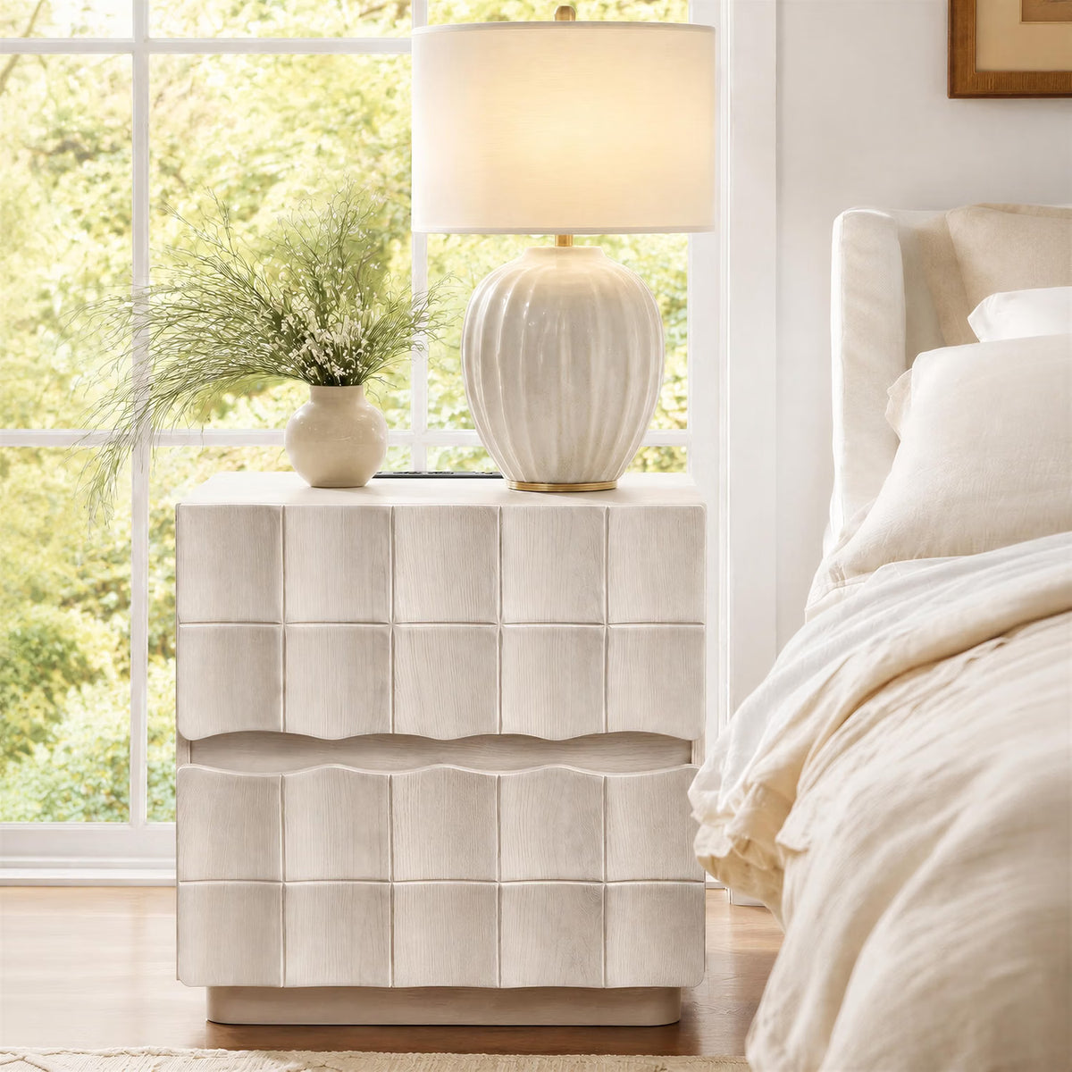 Sculpted 3D Grid Nightstand with Charging Station, 2 Drawers | Yechen 2