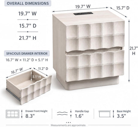 Sculpted 3D Grid Nightstand with Charging Station, 2 Drawers | Yechen 3