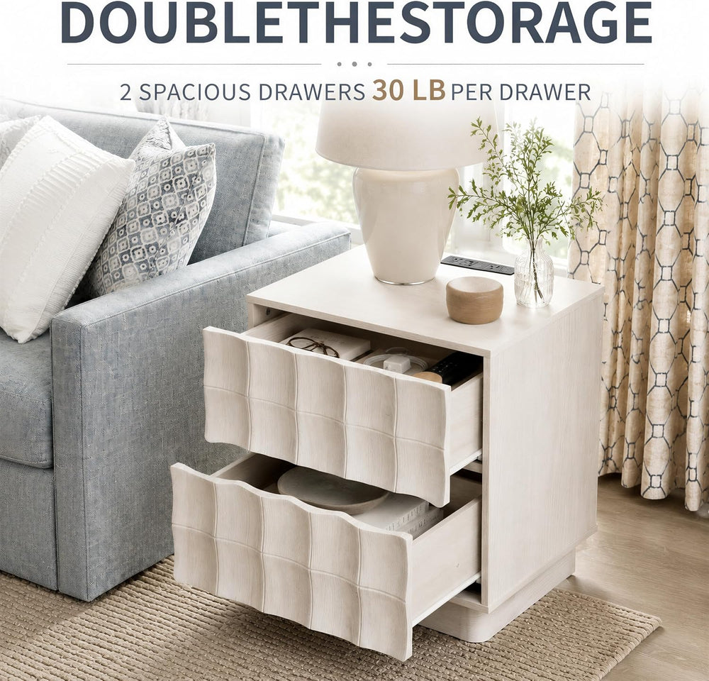 Sculpted 3D Grid Nightstand with Charging Station, 2 Drawers | Yechen 4
