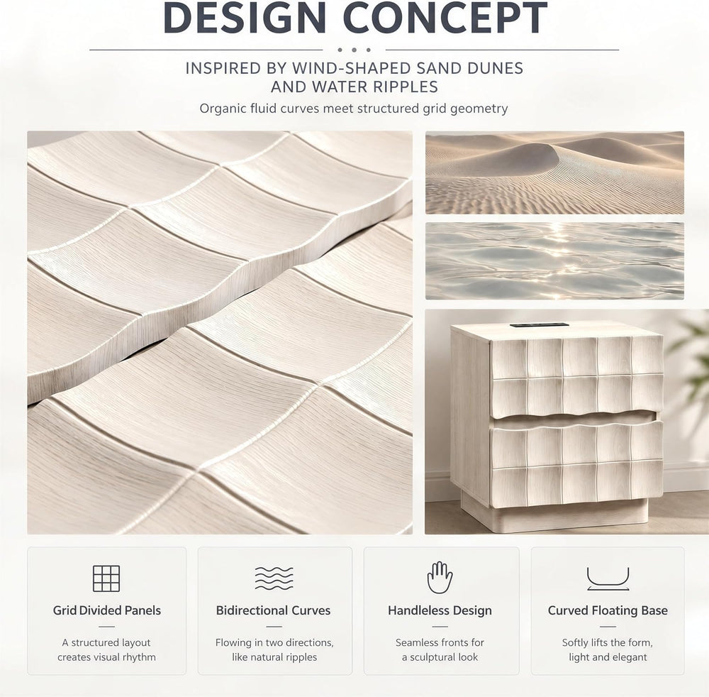 Sculpted 3D Grid Nightstand with Charging Station, 2 Drawers | Yechen 5