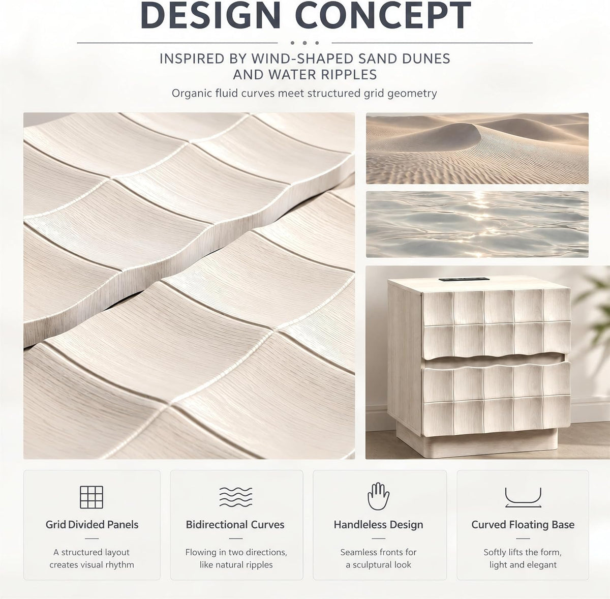 Sculpted 3D Grid Nightstand with Charging Station, 2 Drawers | Yechen 5