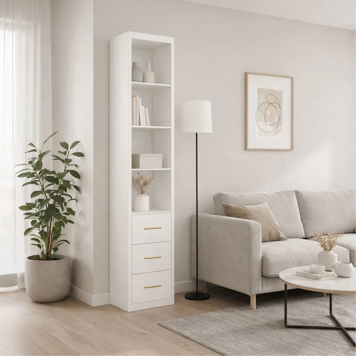 Slim Side Storage Cabinet with 3 Drawers, White – 15.75 x 85.04 Inch
