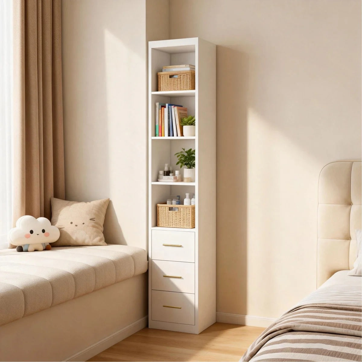 Slim Side Storage Cabinet with 3 Drawers, White – 15.75 x 85.04 Inch