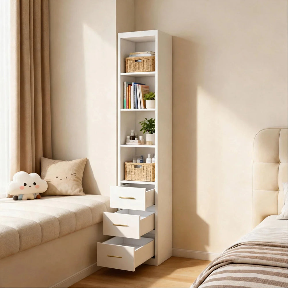 Slim Side Storage Cabinet with 3 Drawers, White – 15.75 x 85.04 Inch