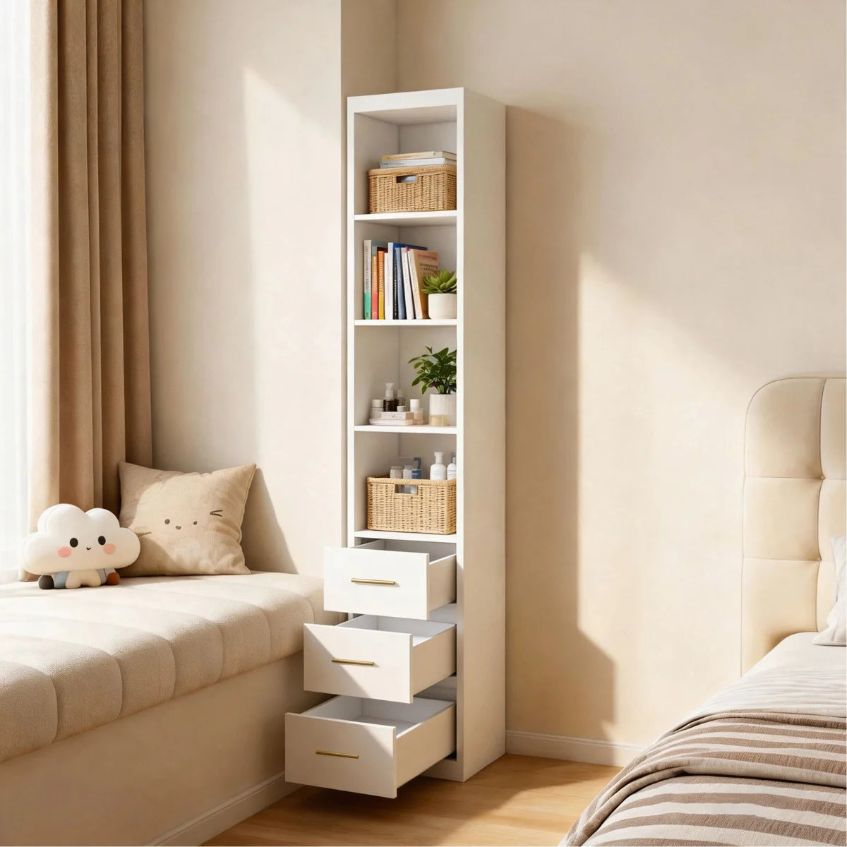 Slim Side Storage Cabinet with 3 Drawers, White – 15.75 x 85.04 Inch
