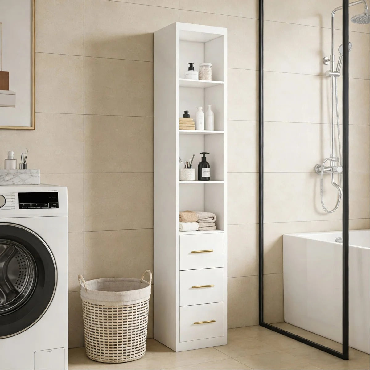 Slim Side Storage Cabinet with 3 Drawers, White – 15.75 x 85.04 Inch
