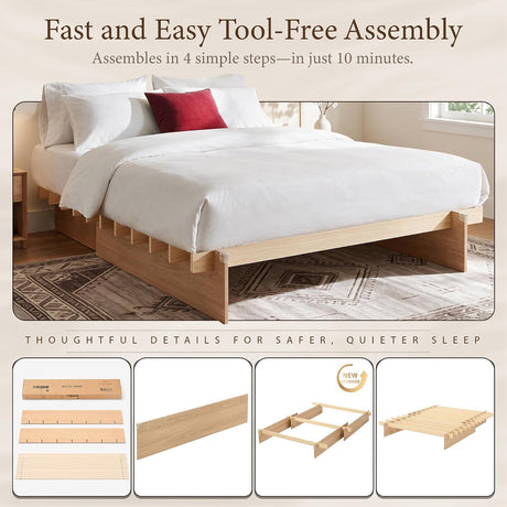 Solid Wood Platform Bed Frame | Natural Oak, Tool-Free Asse mbly, Queen & King 
