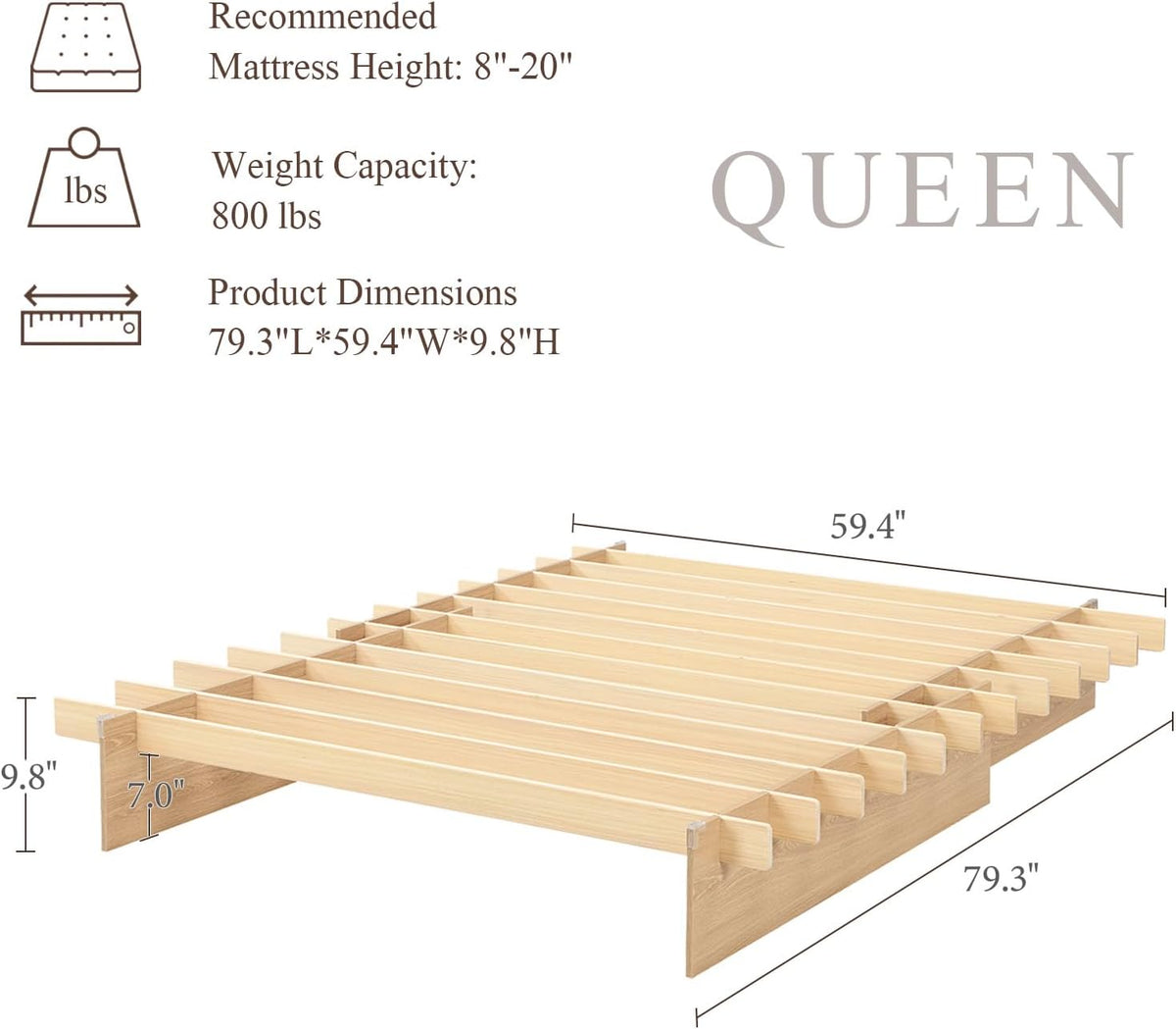 Solid Wood Platform Bed Frame | Natural Oak, Tool-Free Assembly, Queen size