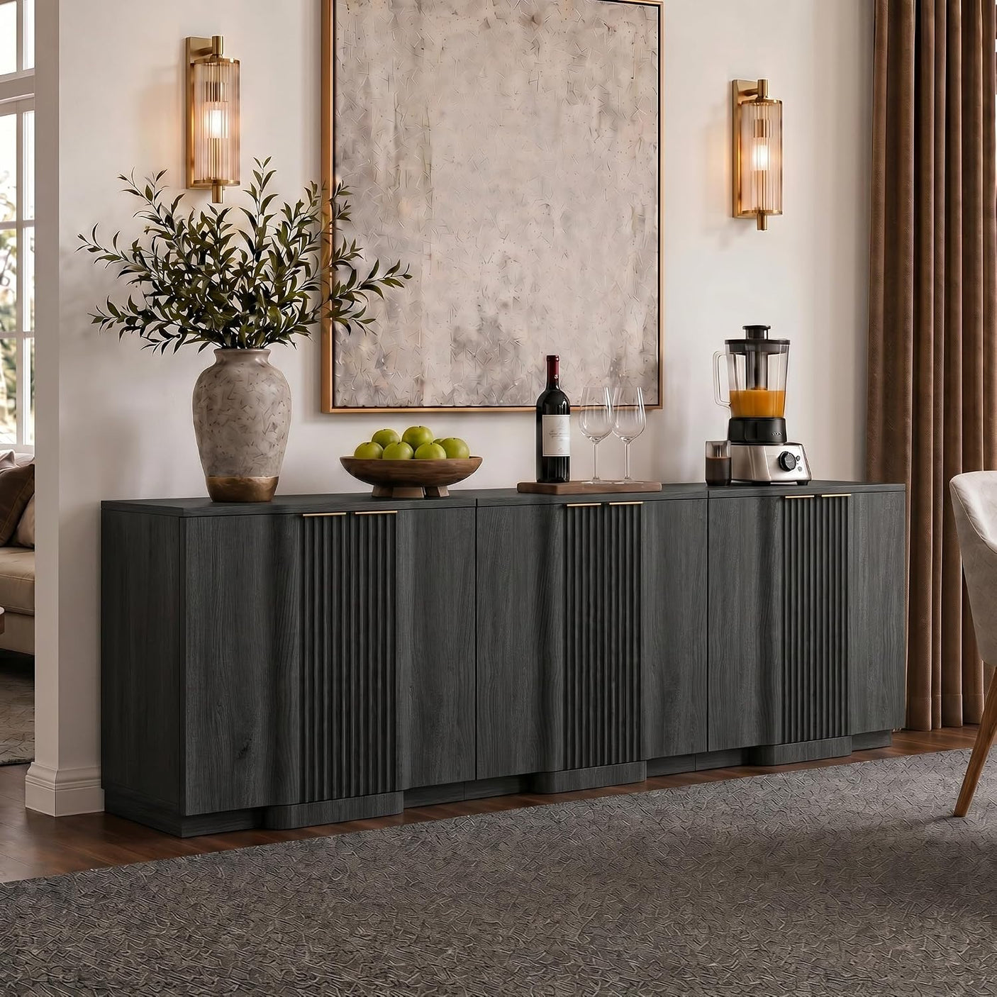 Fluted Buffet Cabinet | 2-Door Sideboard with Adjustable Shelf, Soft Close Hinges & Metal Handle, Black