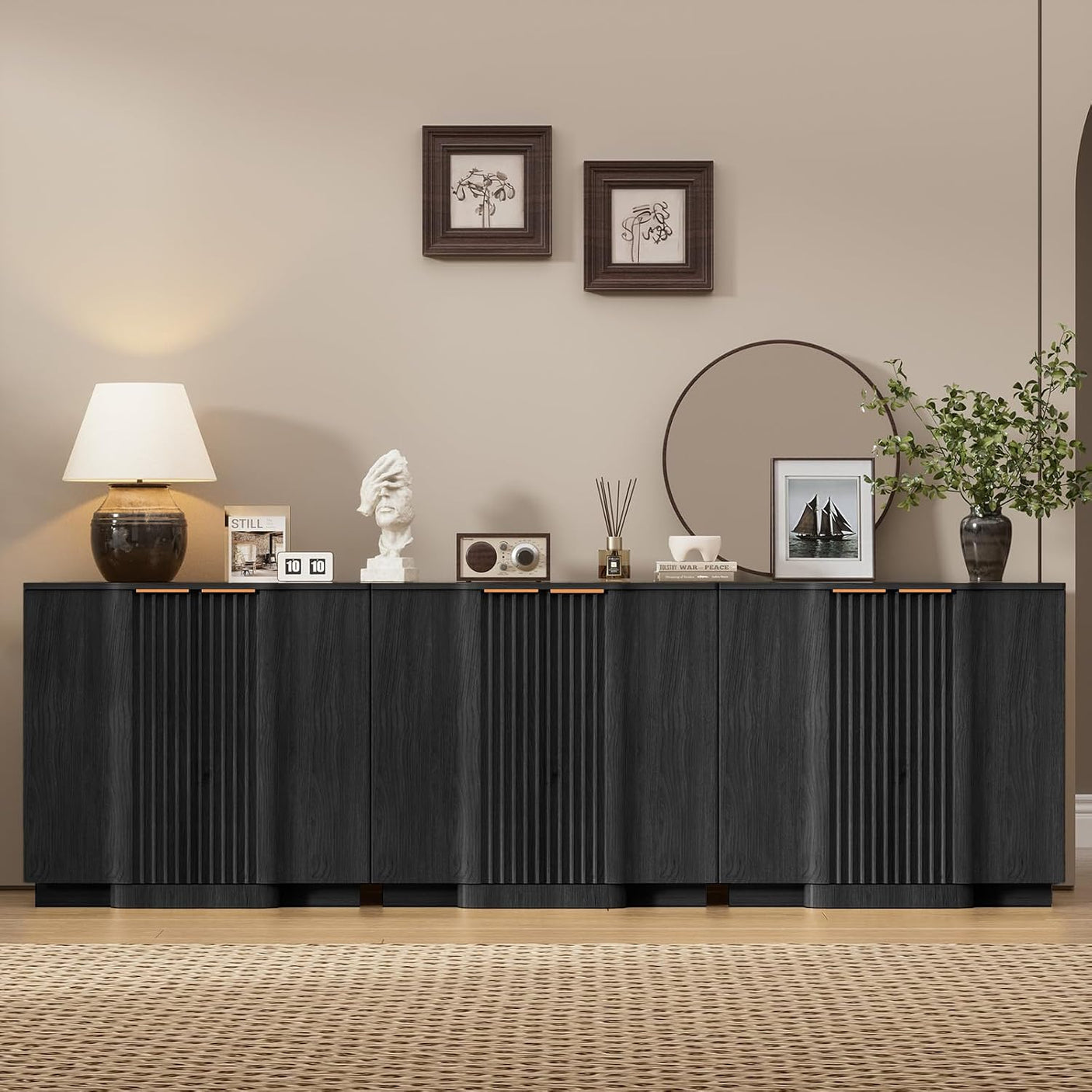 Fluted Buffet Cabinet | 2-Door Sideboard with Adjustable Shelf, Soft Close Hinges & Metal Handle, Black