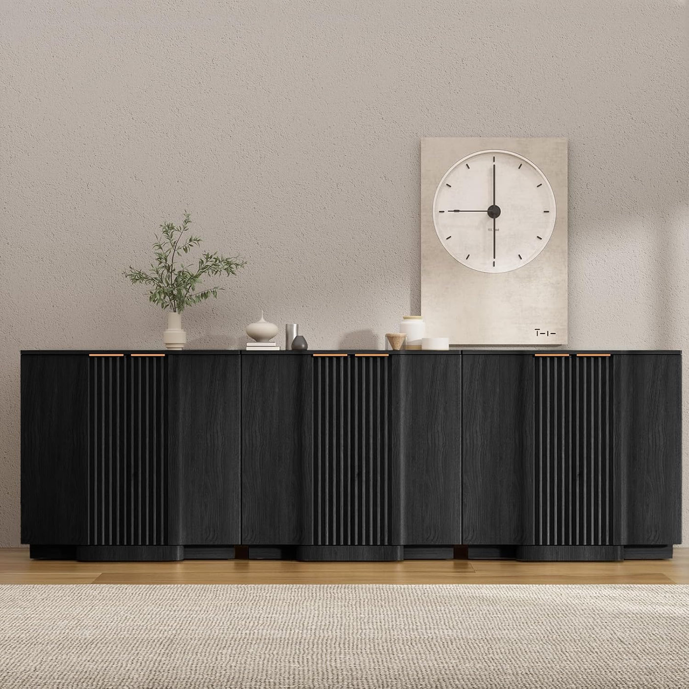 Fluted Buffet Cabinet | 2-Door Sideboard with Adjustable Shelf, Soft Close Hinges & Metal Handle, Black