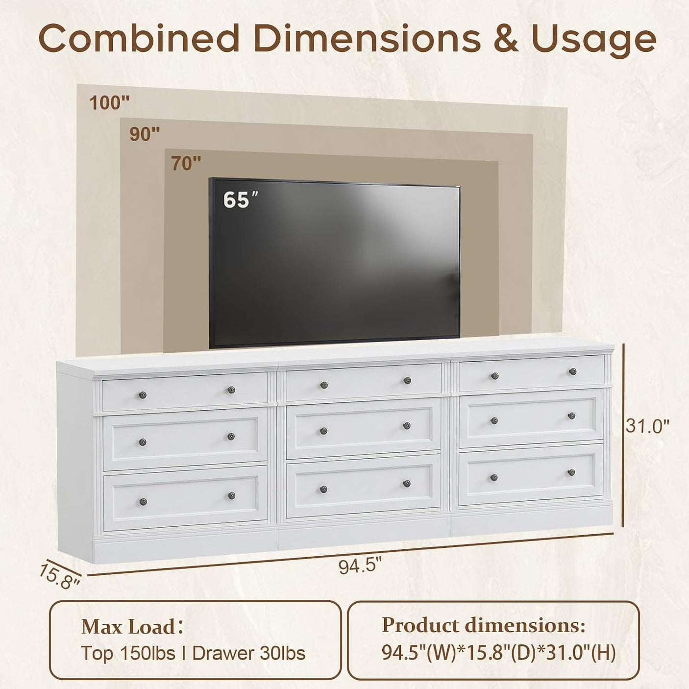 31.5" Oversized Nightstand with 3 Drawers | Light Oak, Ivory White & Walnut