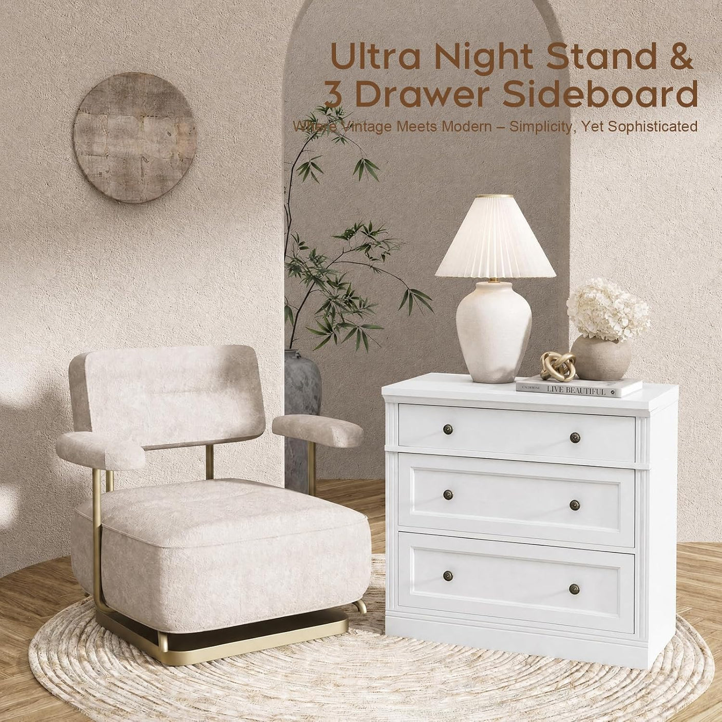 31.5" Oversized Nightstand with 3 Drawers | Light Oak, Ivory White & Walnut