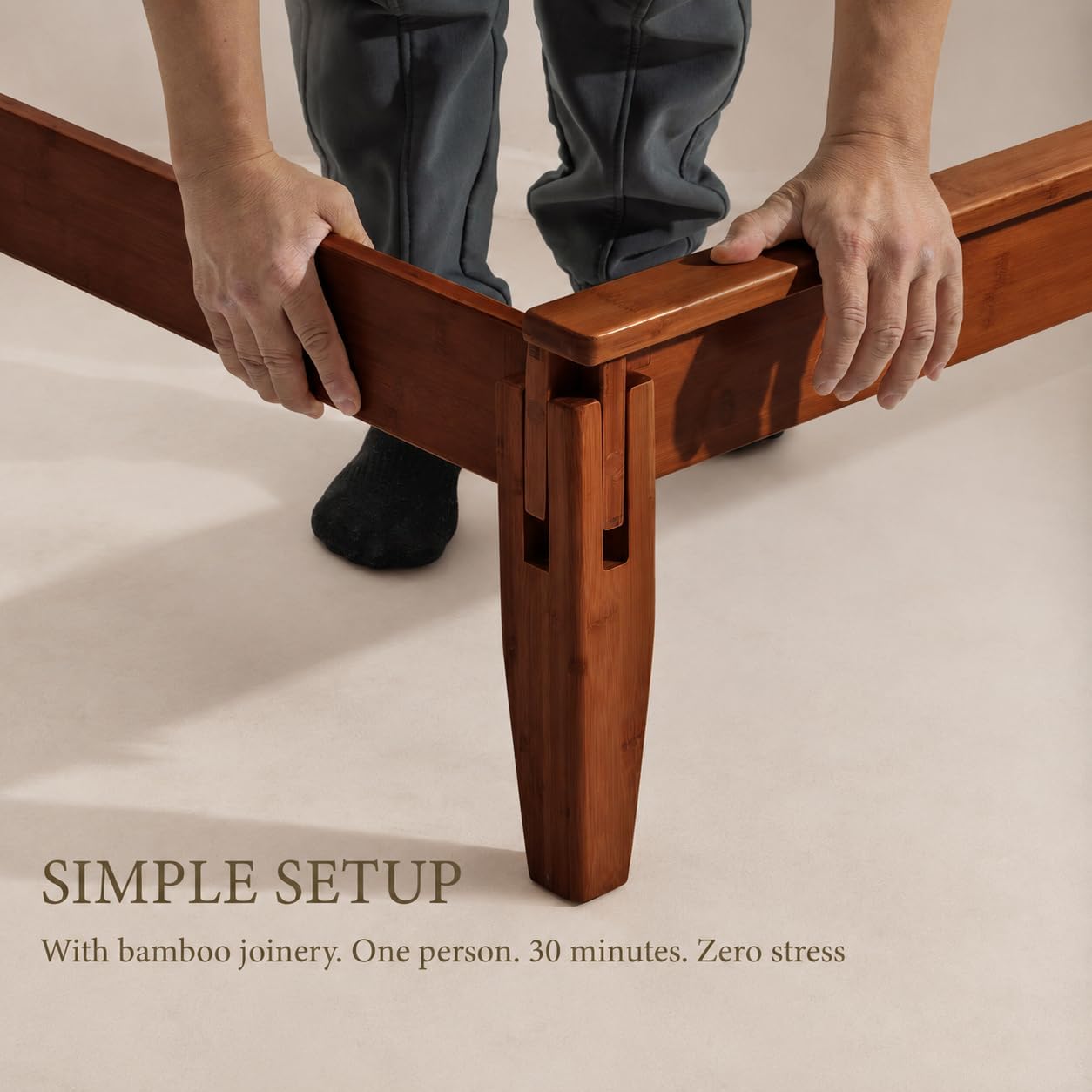 Yechen Bamboo Bed Frame – Japanese Joinery, Linen Headboard, Queen & King