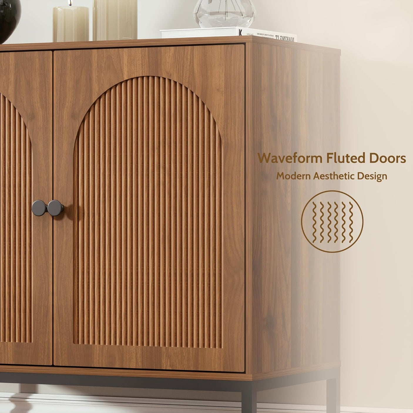 Fluted Sideboard Cabinet with Storage – 2-Door Arched Buffet Credenza | Mid-Century Modern | Walnut & Black