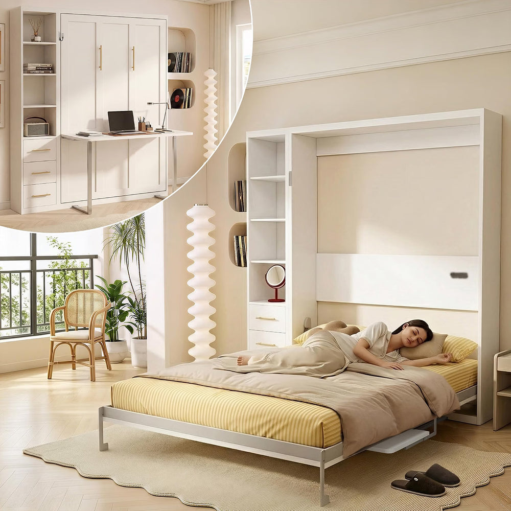 White Queen Murphy Bed with Desk & Side Storage | Yechen Home