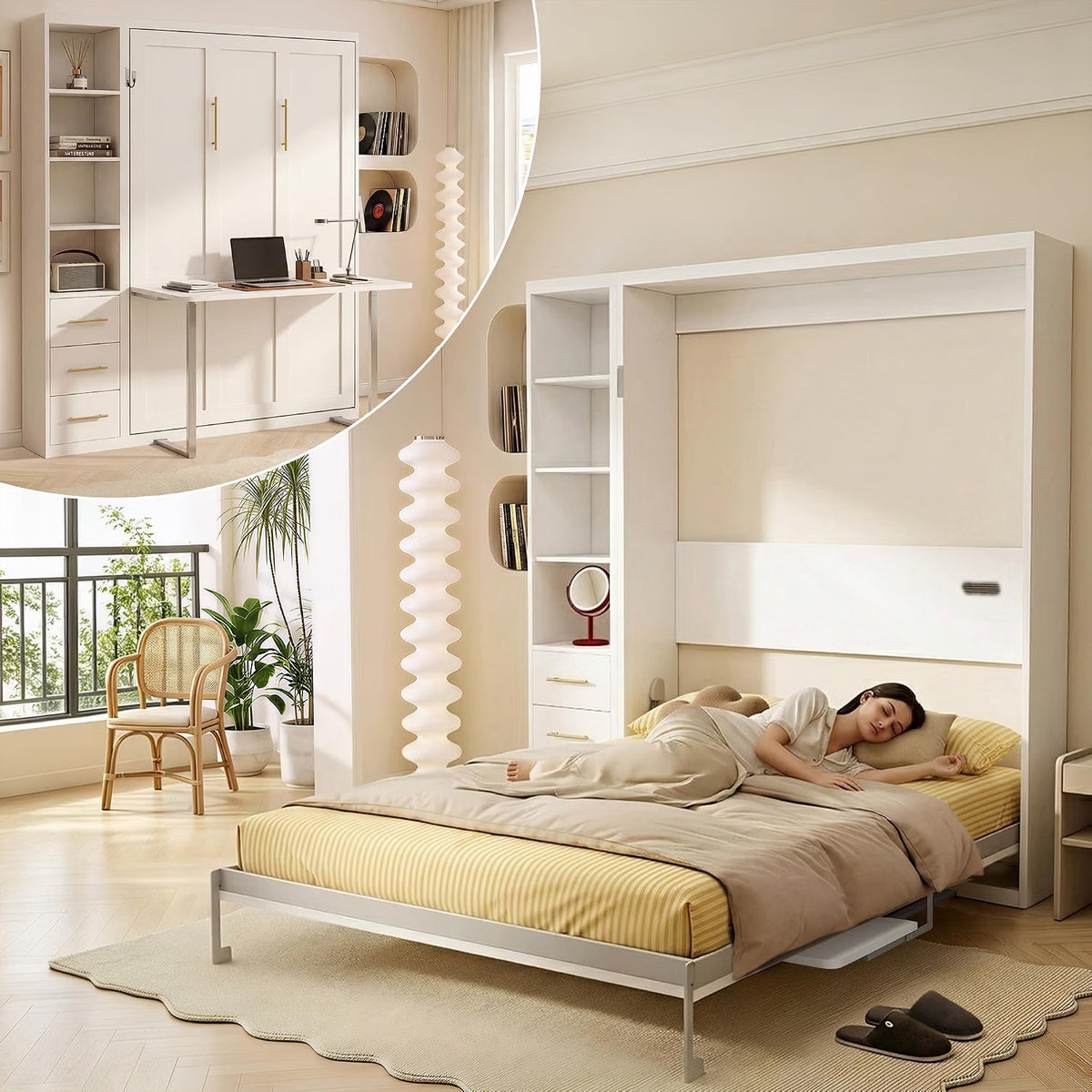 White Queen Murphy Bed with Desk & Side Storage | Yechen Home