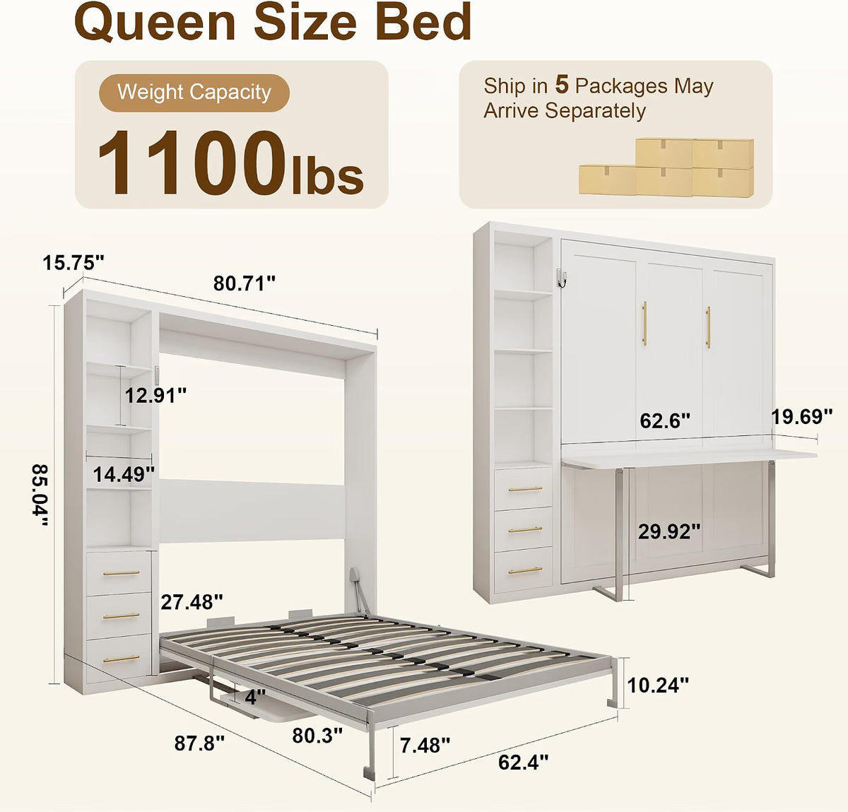 White Queen Murphy Bed with Desk & Side Storage | Yechen Home