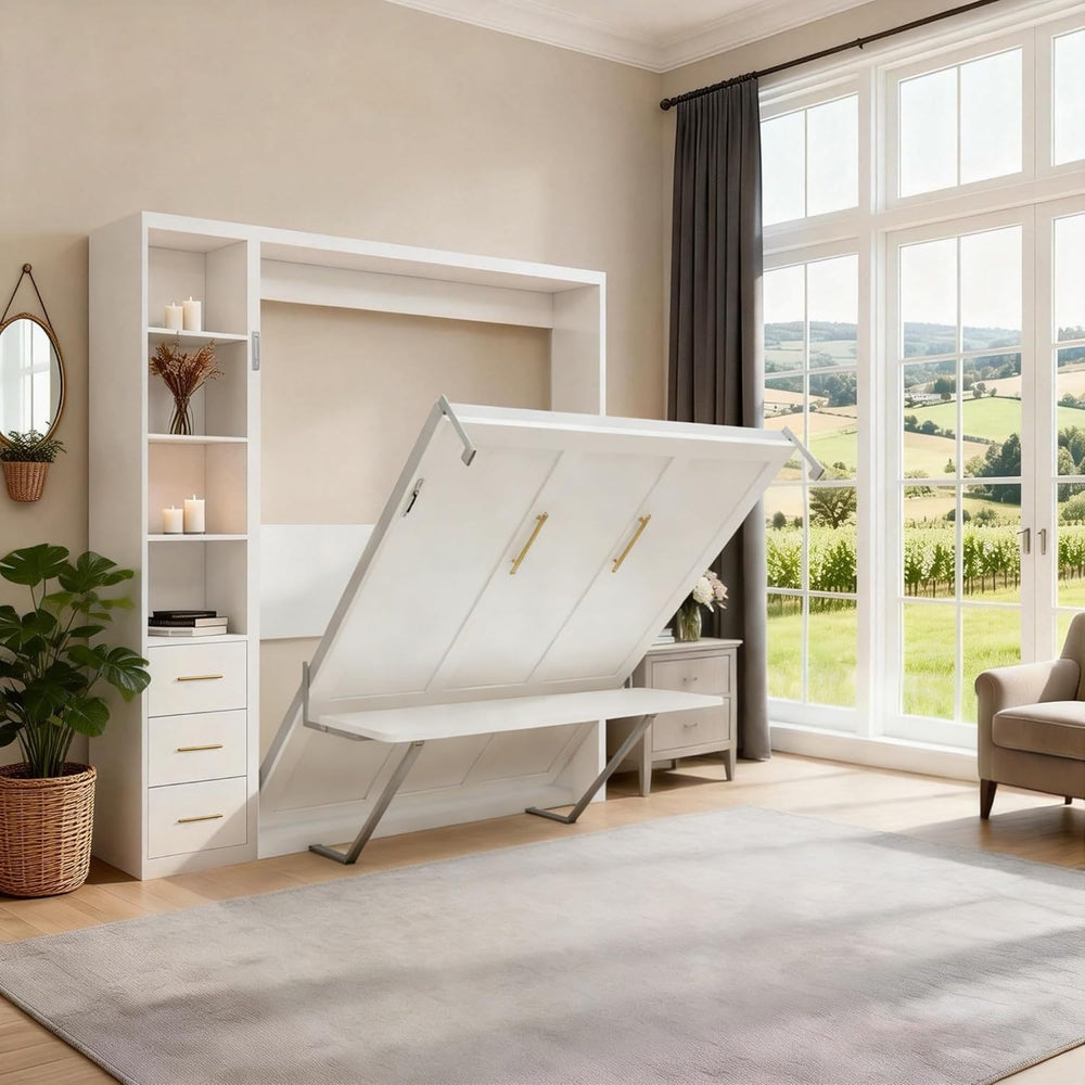 White Queen Murphy Bed with Desk & Side Storage | Yechen Home