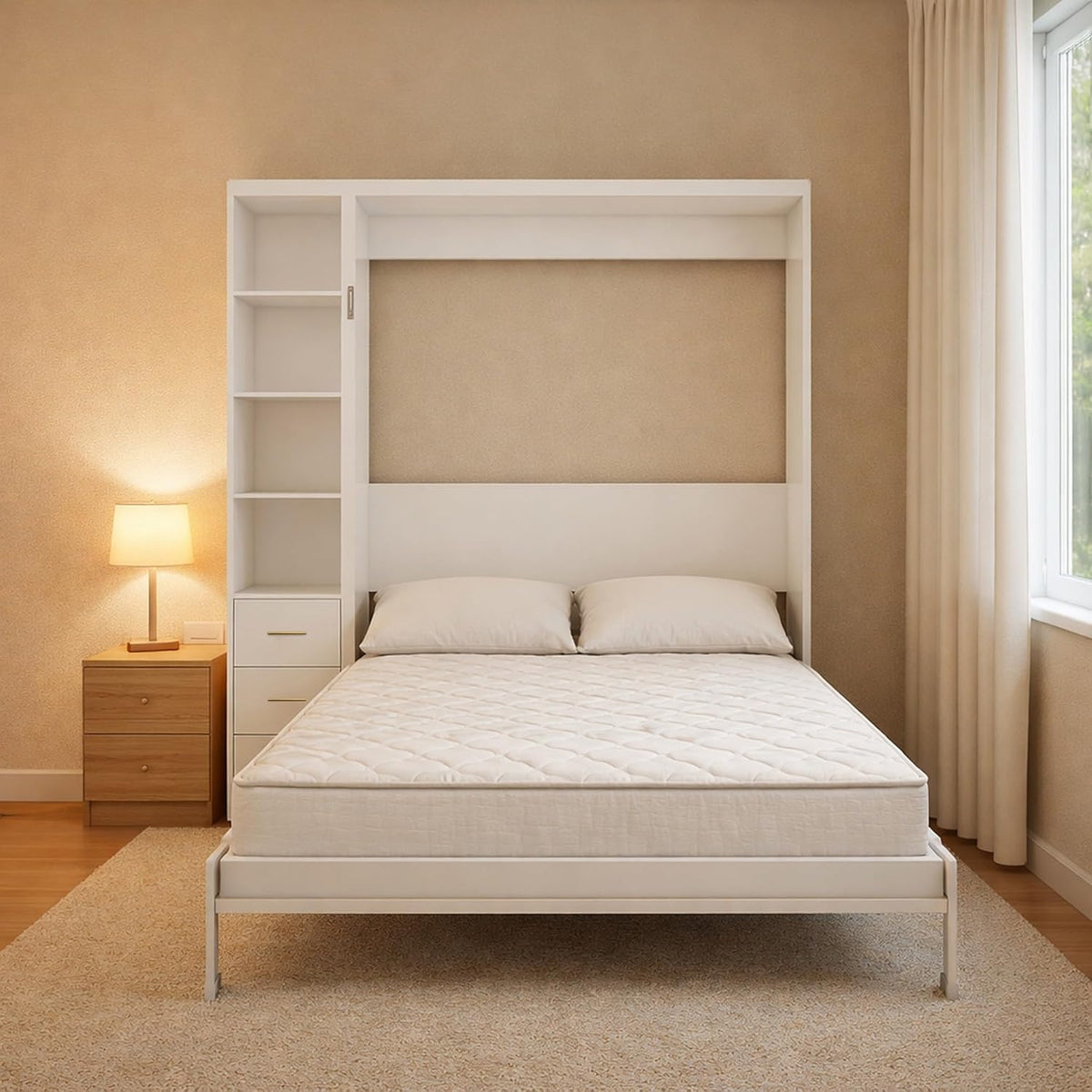 White Queen Murphy Bed with Desk & Side Storage | Yechen Home