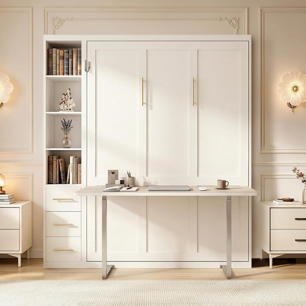 White Queen Murphy Bed with Desk & Side Storage | Yechen Home